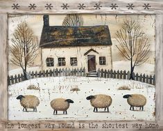 a painting of sheep in front of a house with trees and snow on the ground