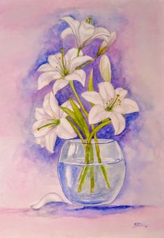 a painting of white flowers in a glass vase on a pink background with watercolors