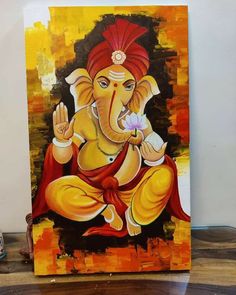 a painting of an elephant with a red turban on it's head