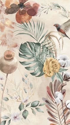 a painting of flowers and birds on a beige background