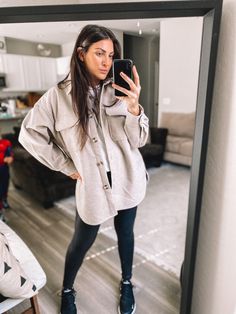 Obsessing over shirt jackets/Shackets🙌🏽 this one isn’t linking online but they have them in store! http://liketk.it/2ZK3f #liketkit @liketoknow.it #LTKsalealert #LTKunder50 #LTKstyletip Leather leggings Oversized jacket Shacket Oversized tee Running shoes Fall outfits Shaket Jacket And Leggings, Oversize Shirt And Leggings Outfit, Gray Shacket Outfit Women, Shacket Outfit Leggings, Oversized Shacket Outfit Women, Outfits With Shacket, Grey Shacket Outfit Women, Leggings And Shacket Outfit, Shaket Jacket Outfit Winter