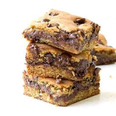 chocolate chip cookie bars stacked on top of each other