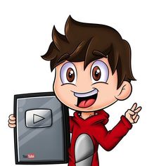 a cartoon boy holding up a video game controller in his right hand and pointing to the screen