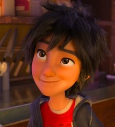 an animated character with black hair wearing a red t - shirt and grey hoodie