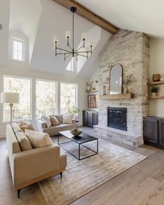 a living room filled with furniture and a fire place in the middle of an open floor plan