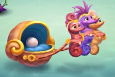 three cartoon seahorses are standing next to each other in front of a baby carriage