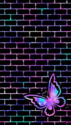 an image of a butterfly on a brick wall with neon lights in the back ground