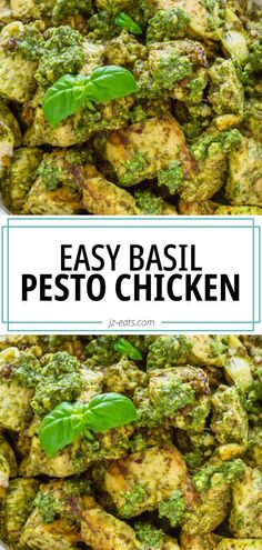 easy basil pesto chicken in a pan with the title overlay reading easy basil pesto chicken