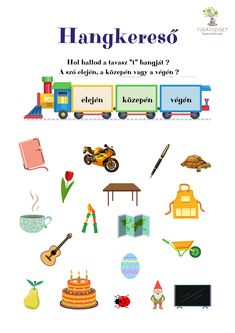 a poster with many different things in the language, including an image of a train and other