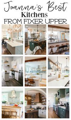 a collage of pictures showing the different types of kitchen cabinets and countertops in an open floor plan