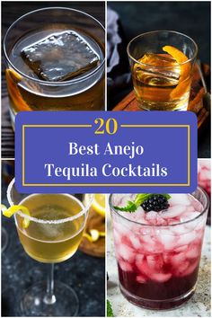 Collage of 4 anejo tequila cocktails. Cocktail With Tequila, Cocktail With Tequila Recipes, Anejo Tequila Drinks, Tequila Anejo Cocktails, Anejo Tequila Cocktails Recipe, Tequila Mix, Teramana Tequila Recipe, Tequila Mixed Drinks, Cocktail Recipes Tequila