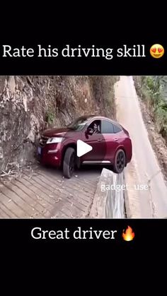 a red car driving down a road next to a wooden ramp with the caption rate his driving skill