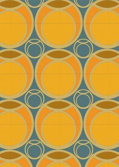 an orange and blue pattern with circles on the bottom, in shades of yellow and brown