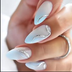 24 Pieces Press On Nails Color May Vary Due To Lighting Size One Size Condition New Comes With Mini Nail File And Glue Adhesive Strips Ongles Baby Blue, Blue Wedding Nails, Nails With Silver, Blue Ombre Nails, Baby Blue Nails, Her Nails, Ombre Nail Designs, Blue Nail Designs, Nails Medium