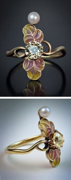 An Art Nouveau gold, plique-à-jour enamel, fancy coloured diamond and pearl ring, Moscow, 1908-17. #ArtNouveau #ring Art Nouveau Jewelry Ring, Diamond Pearl Ring, Russian Jewelry, Bijoux Art Nouveau, Art Nouveau Ring, Art Nouveau Antiques, Pearl And Diamond Ring, Art Nouveau Jewelry, Enamel Ring