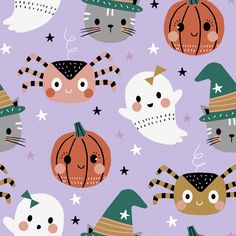 halloween seamless wallpaper with cats and pumpkins in hats, stars and bats