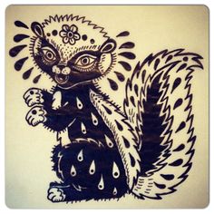 a black and white drawing of a squirrel