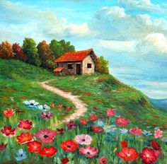 a painting of a house on a hill with flowers in the foreground and a path leading to it