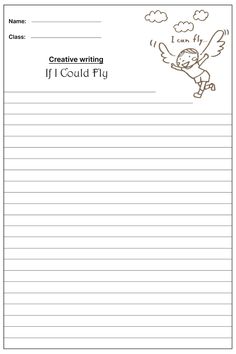 a writing paper with an image of a cartoon angel flying in the sky and clouds above it