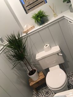 a white toilet sitting in a bathroom next to a potted plant and wooden stand