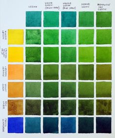 a color chart with different shades of green, yellow and blue in each square on the page