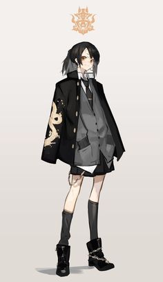 an anime character with black hair wearing a coat and boots, standing in front of a white