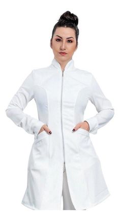 Jaleco Feminino Zíper Manga Longa Acinturado Off White Lab Coat, Media