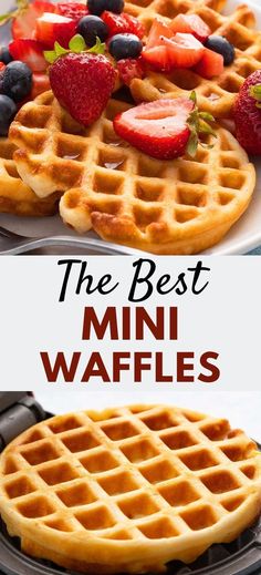 two waffles with strawberries and blueberries on top are shown in this collage