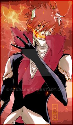 an anime character with red hair and black clothes holding a knife in his hand, while lightning