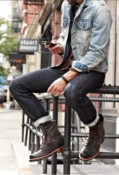 #style Denim Jacket Black Jeans, Scene Girl, 2014 Fashion Trends, Herren Style, Rugged Boots, Rolled Up Jeans, Blue Denim Jacket, Black Denim Jacket