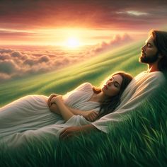 a painting of jesus and a woman laying in the grass with their arms around each other