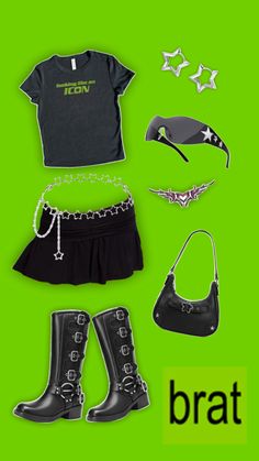 an assortment of clothing and accessories on a green background with the word brat written below it