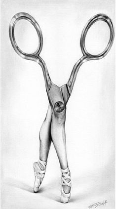 a pencil drawing of a ballerina's legs and feet holding up a pair of scissors