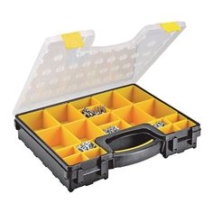 an open plastic case with yellow dividers