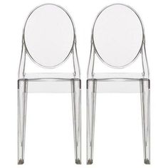 two clear chairs sitting next to each other on a white background and one is empty