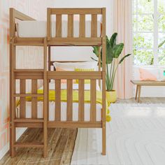 a wooden bunk bed sitting on top of a hard wood floor next to a potted plant