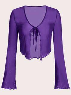 Women's Loose And Comfortable Green Belted Long Sleeve Mesh Top With V-Neck Purple Casual  Long Sleeve Knitted Fabric Plain  Slight Stretch  Women Clothing, size features are:Bust: ,Length: ,Sleeve Length: Mesh Long Sleeve Top, Mesh Tops, Shein Icon, Purple Shirt, Mesh Long Sleeve, Loose Tops, Basic Outfits, Kids Beachwear, Women Tops