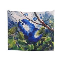 a painting of blue flowers on a tree branch