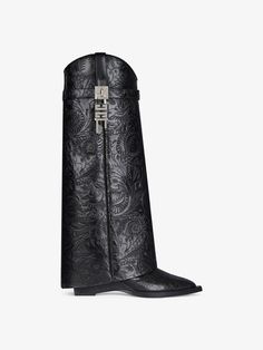 Shark Lock Cowboy boots in leather with western pattern | Givenchy US | Givenchy Givenchy Shark, Givenchy Boots, Almond Toe Boots, Western Pattern, Luxury Boots, Womens Designer Boots, Women's Spurs, Slip On Boots, Boot Bag