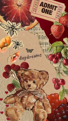 an altered photograph of a teddy bear surrounded by fruits and berries, with the words admit one above it