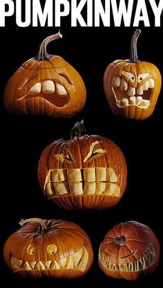 three pumpkins with carved faces on them and the words pumpkinways written in white