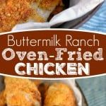 there is a plate with fried chicken on it and the words buttermik ranch oven fried chicken