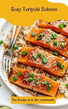 salmon with sesame seeds and green onions served on top of rice in a white plate