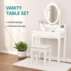 vanity table set with stool and mirror in white