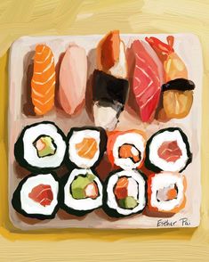 a painting of sushi on a plate with chopsticks