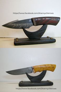 two different types of knifes on display in front of each other with the same blade