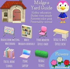 a purple poster with different types of items in front of it, including bookshelves and