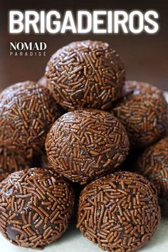 chocolate truffles are stacked on top of each other with the words, nomad paradise