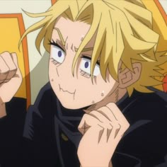 an anime character with blonde hair and blue eyes looking at the camera while holding his hand near his face