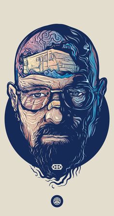 a drawing of a man with glasses and a house on his head in the background